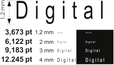 Imagem que mostra os diferentes tamanhos de letra em cm